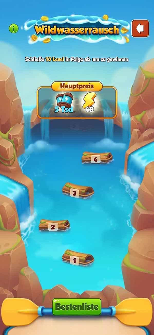Vorschau auf das Wildwasserrausch Event in Coin Master mit Spins und Juwelen Belohnungen